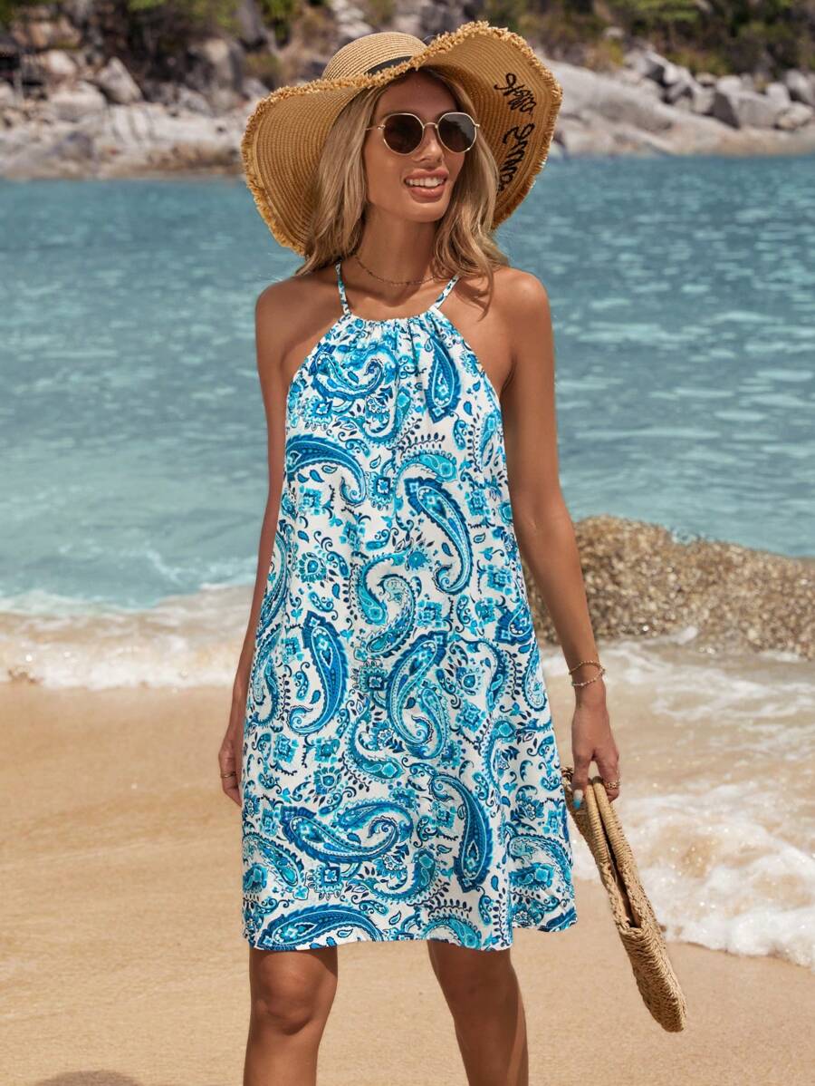 SHEIN VCAY Women's Vacation Woven Printed Dress - Blue and White - View 1