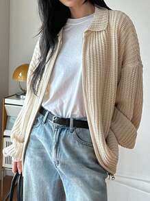 DAZY Lantern Sleeve Drop Shoulder Zip Up Cardigan - Beige - View 7