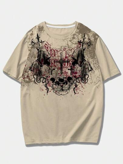 Goth T-shirt d'été casual à col rond et manches courtes pour hommes avec imprimé tête de mort, école