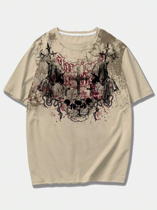 ROMWE MEN Goth Tricou cu mânecă scurtă, casual, de vară, pentru bărbați, cu imprimeu de craniu cu litere, școală
