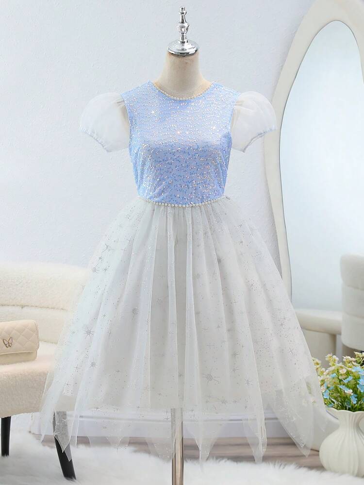 Teen Girl Sequined Asymmetrical Net Yarn Dress With Large Bow Design On Back, Party