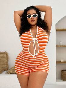 SHEIN SXY Backless Striped Halter Neck Hollow Out Bandage Romper For Beach Vacation - Orange - View 3