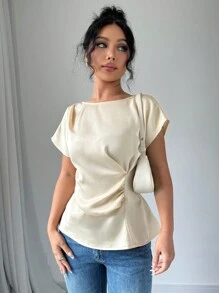 Elenzga 女式夏季圓領蝙蝠短袖休閒襯衫，腰部褶皺設計，純色款式 - 杏色 - 查看 1