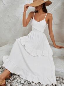 EURMUSE Vestido largo blanco de verano para playa con detalle de volantes - Blanco - Ver 5