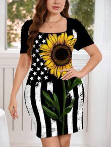SHEIN Clasi 適合紀念日的大碼美式向日葵印花連衣裙 - 彩色 - 查看 3