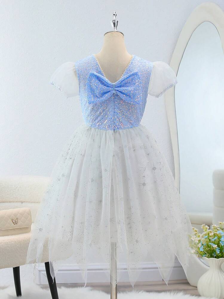 Teen Girl Sequined Asymmetrical Net Yarn Dress With Large Bow Design On Back, Party