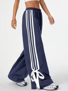 Coolane Pantalones largos de mujer informales con bloqueo de color, borde y cinturón de lazo, primavera/verano