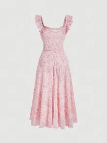 SHEIN MOD Robe imprimée fleurie grande taille en maille avec encolure carrée, ourlet à volants et taille cintrée