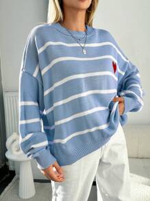 EURMUSE Women's Plus Size Striped Heart Pattern Sweater Pullover - Dusty Blue - View 4