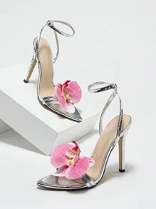 Women's High Heel Shoes, Spring/Summer Outdoor Night Club Fashion Pointed Toe Thin Heel, Shiny Metallic Snake Skin Pattern, Elegant Silver Sandals With Strappy And Sexy Lan Flower Design
