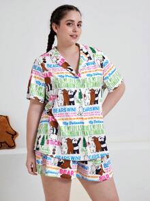 We Bare Bears X SHEIN 夏季加印卡通人物和口號圖案衫領短袖襯衫及短褲組合 - 彩色 - 查看 4