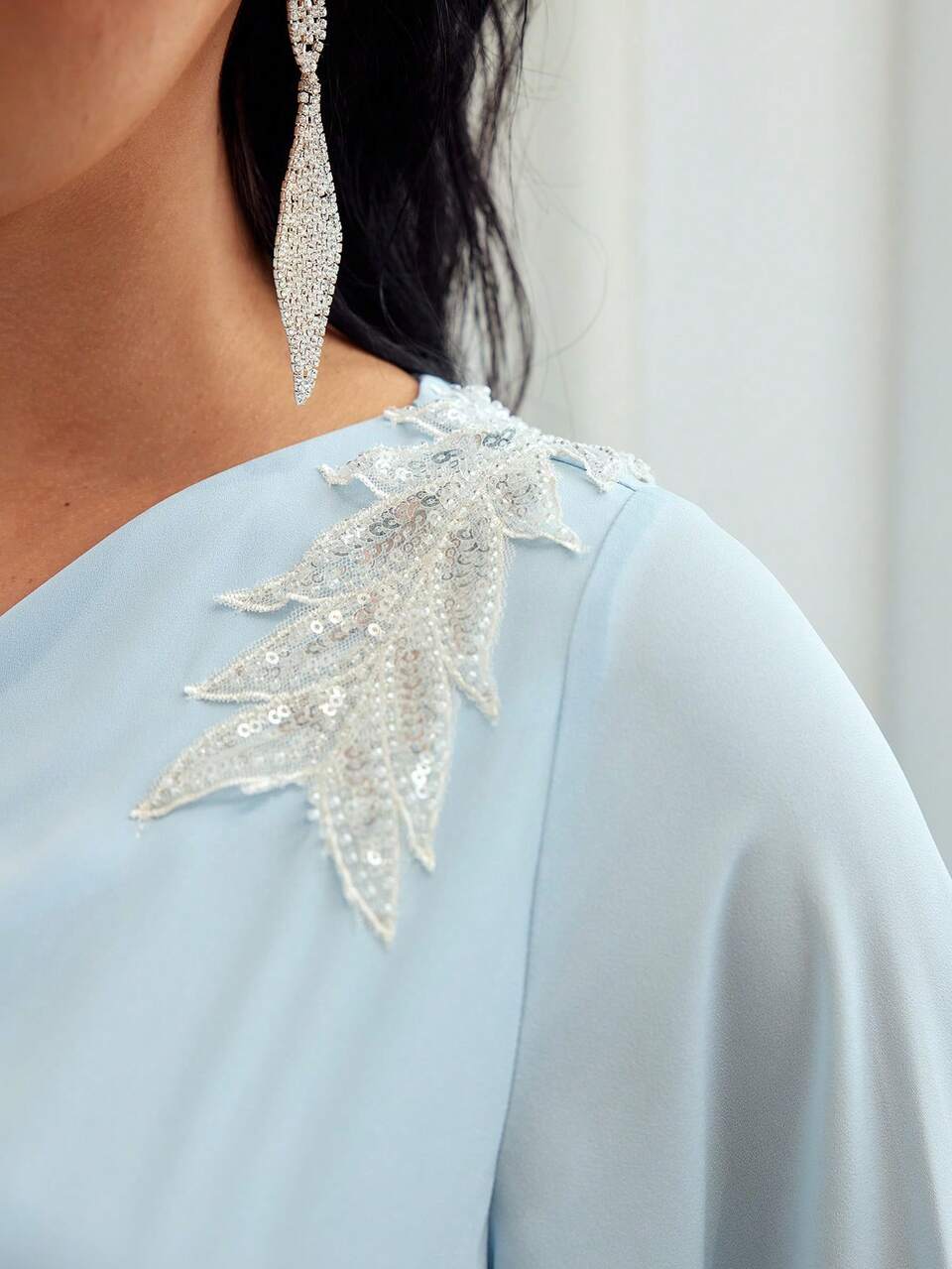 COWL NECK FLUTTER SLEEVE SEQUIN MESH DETAIL PEPLUM WAIST DRESS