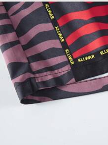 ROMWE MEN Street Life 男士印花拼接束口腰休閒短褲，夏季 - 酒紅色 - 查看 4