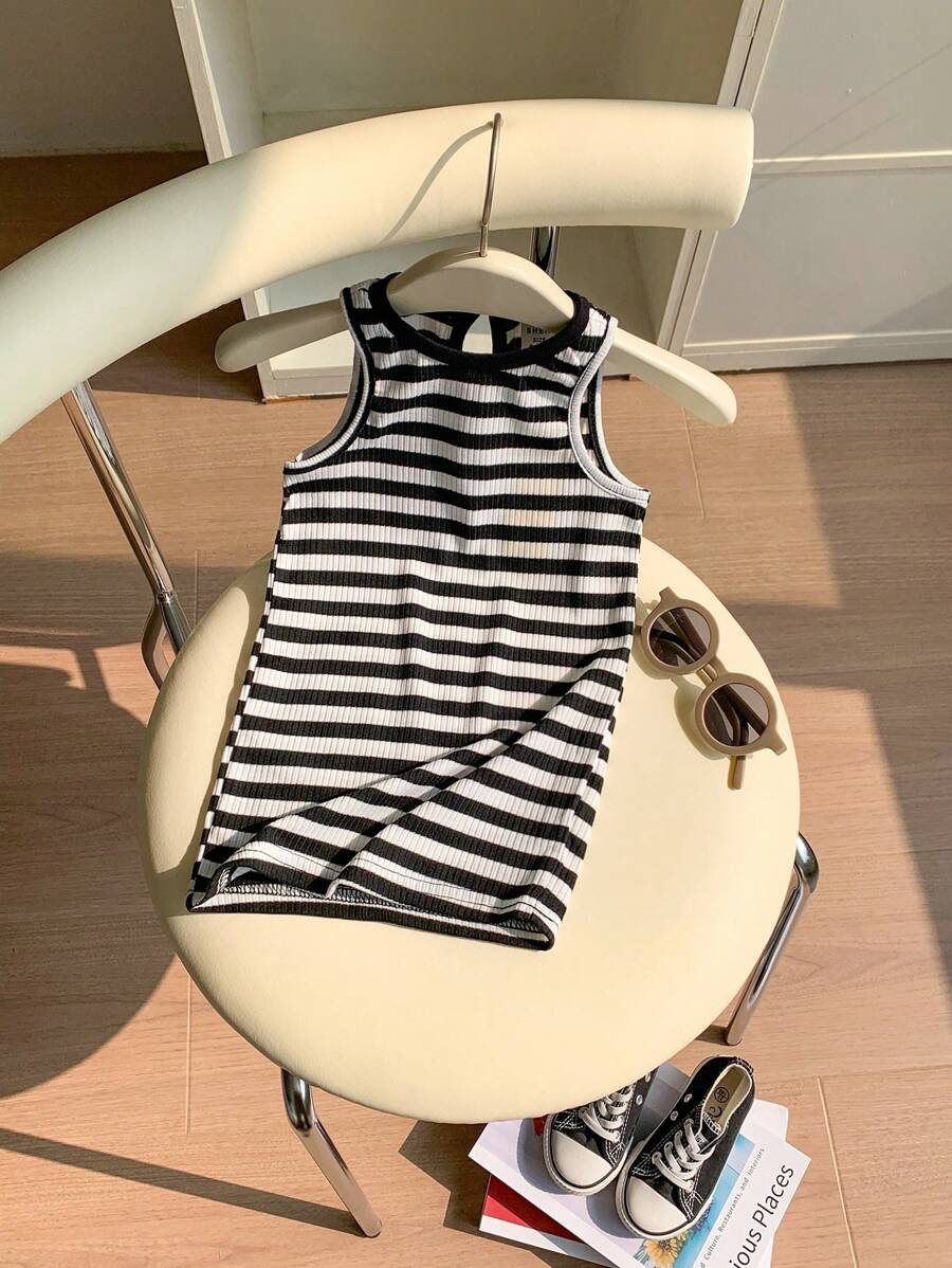 SHEIN Baby Girl Casual Striped Knit Sleeveless Dress - Black and White - View 1