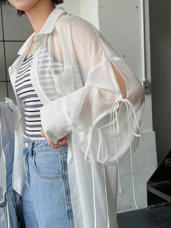 FRIFUL Women's Summer Lightweight Drop Shoulder Sheer Lace-Up Detail Long Sleeve Shirt