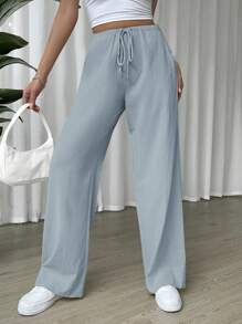 SHEIN EZwear 實色束口休閒長褲，帶口袋 - 淺藍色 - 查看 4