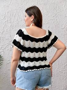 RueChic Women Crochet Knit Top With  Half Sleeve - Black and White - View 2