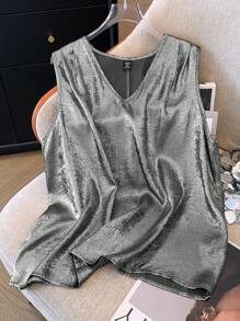 SHEIN LUNE 大尺碼女性無袖金屬質感襯衫 - 銀色 - 查看 1