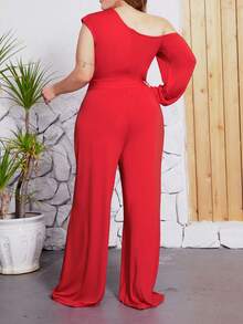 Plus Size Sexy One Shoulder Wide Leg Jumpsuit With Strap - Red - View 2