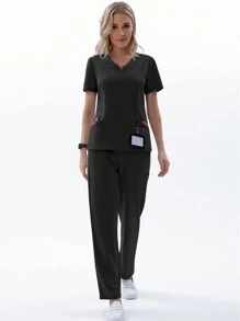 TaskEZ Women's Summer Scrub Uniforms Set, Matte Finish, 5 Pockets, Soft And Elastic, 2pcs - Black - View 3