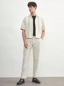 AKNOTIC Business Casual Cotton Men's Solid Color Camp Collar Loose Fitting Drop Shoulder Jacket, Suitable For Summer - Beige - View 3