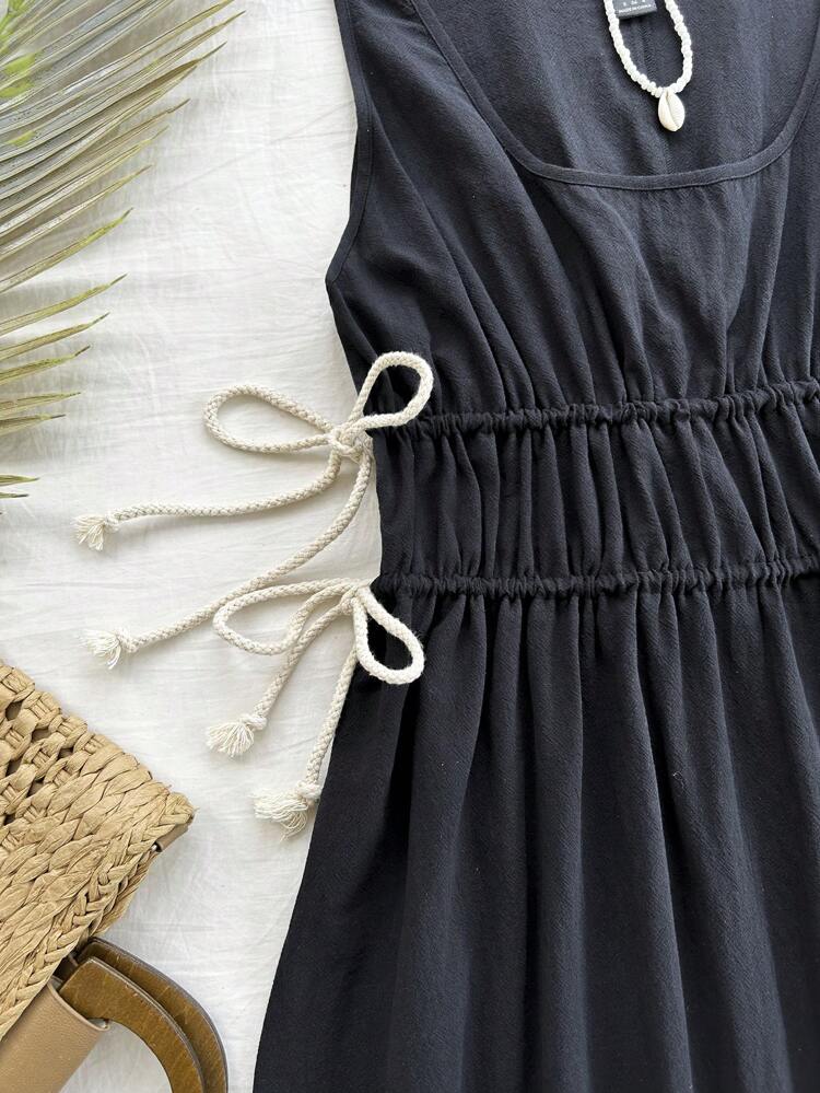 Women's Black Waist Drawstring Ruched A-Line Mini Dress With Adjustable Straps, Perfect For Vacation And Casual Wear