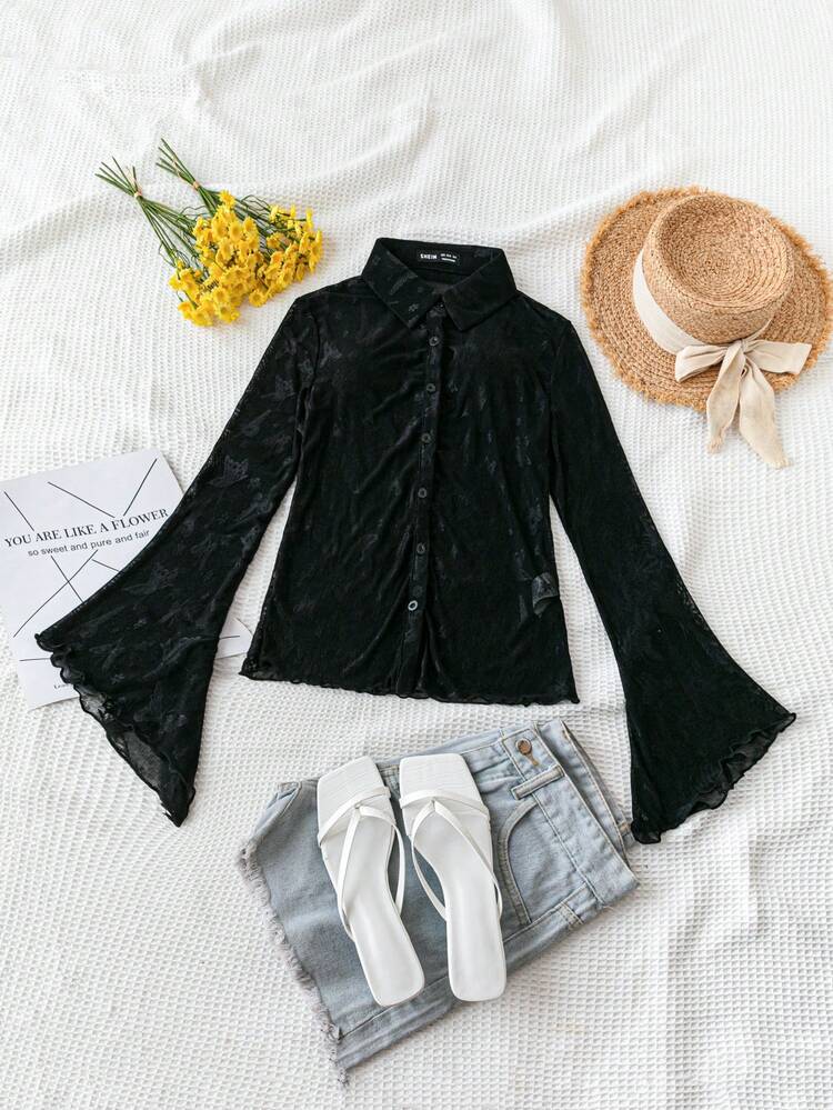 WYWH Women's Vacation Hippie Music Festival Black Butterfly Pattern Lace Collar Open Front Bell Sleeve Semi-Transparent Shirt