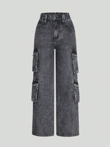 SHEIN WESTFADE Young Tween Girl Fashionable Casual Multi-Pocket Denim Straight-Leg Jeans With Washed Denim, New Arrival