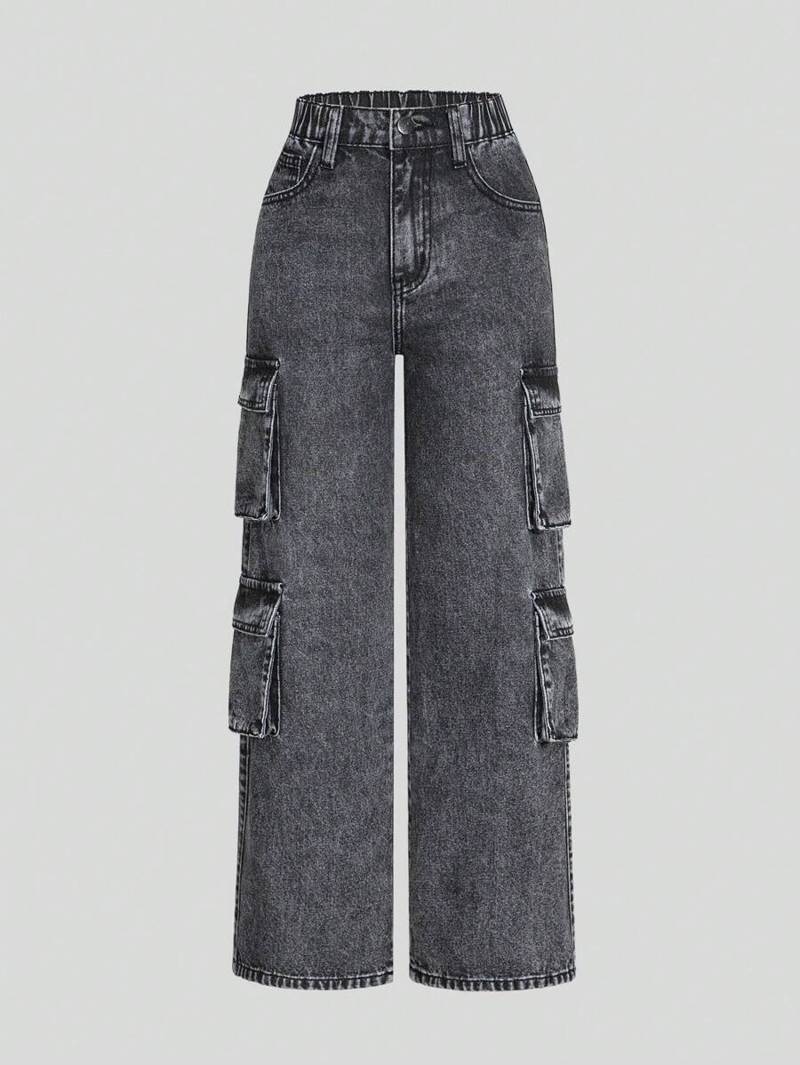 SHEIN WESTFADE Young Tween Girl Fashionable Casual Multi-Pocket Denim Straight-Leg Jeans With Washed Denim, New Arrival