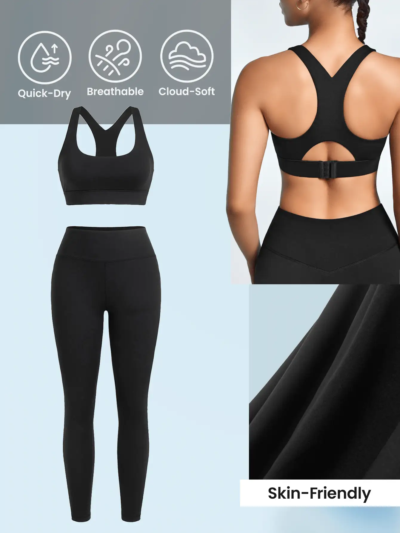 SHEIN Sports Solid Color Round Neck Top And Seamless Tight Sports Suit With Long Pants - Black - View 3