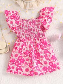 SHEIN Young Girl Cute Casual Round Neck Ruffle Sleeve Ruched Flower Pattern Jumpsuit - Hot Pink - View 2