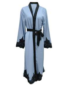 女士拼色蕾丝拼接喇叭袖超长开衫 - 淺藍色 - 查看 4