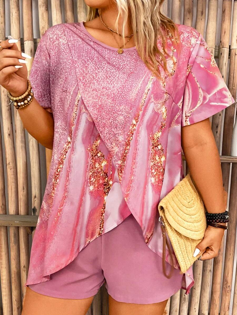 SHEIN LUNE Ngẫu Nhiên Plus Size Nữ Mùa Hè Đá Cẩm Thạch In Cổ Tròn Tay Ngắn Viền Bất Đối Xứng Trên Và Quần Short Bộ Thường Ngày - Hồng - Xem 1