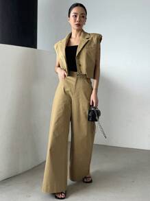 DAZY Solid Color Lapel Collar Cap Sleeve Top And Wide-Leg Pants Suit For Women Work Women Clothes, Back To School Clothes Business Attire