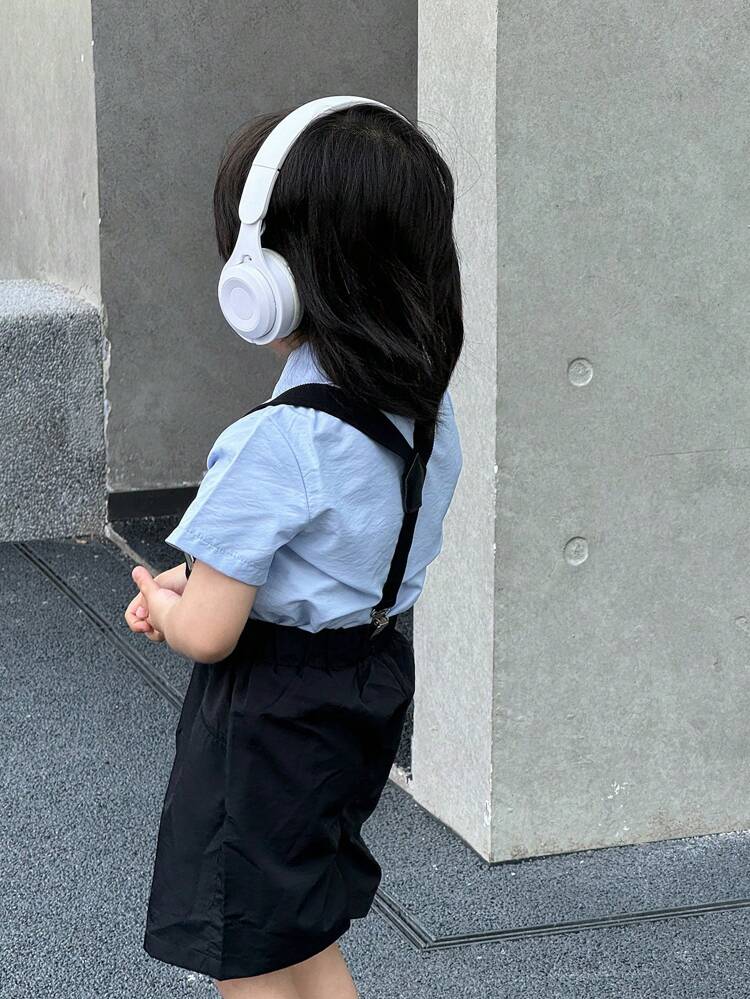 Baby Boys' 2pcs Short Sleeve Shirt With Tie, Matched With Korean Style Casual Overalls