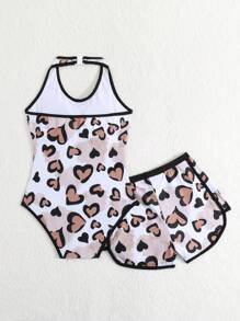 SHEIN Tween Girl Beach Heart Print Halterneck One Piece Swimsuit With Cover-Up Shorts And Top 2pcs Set, Summer