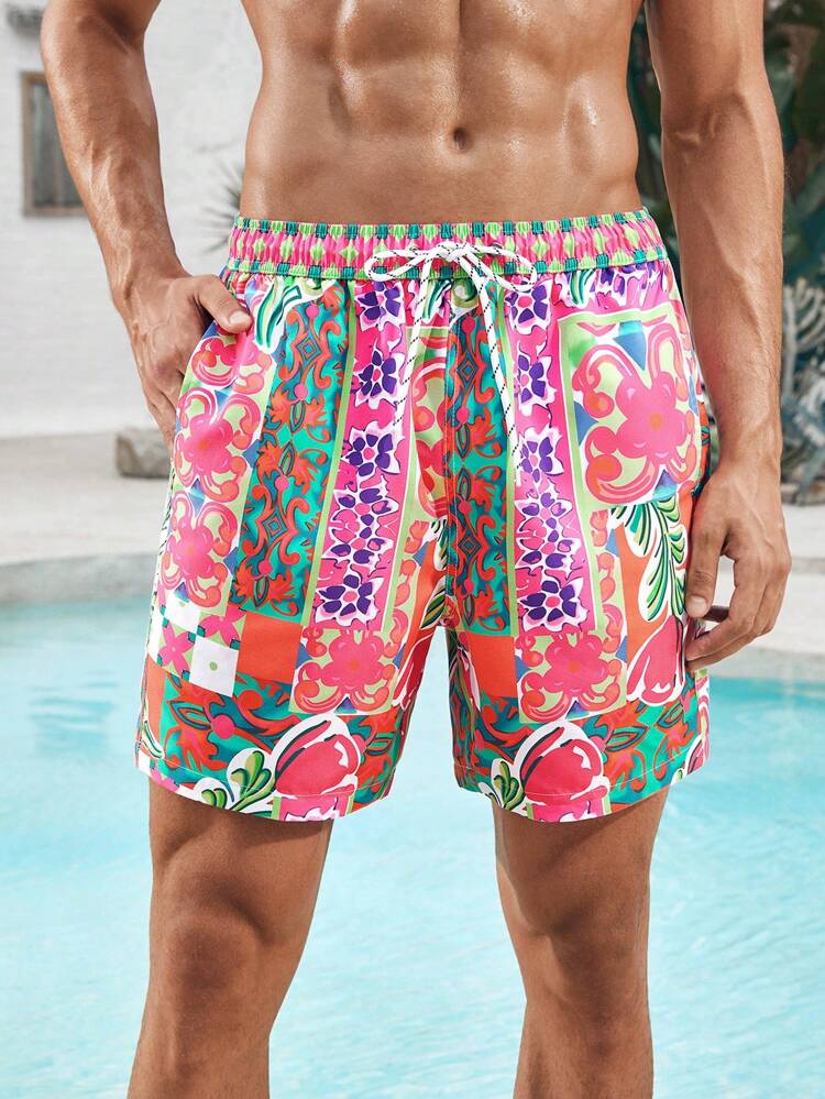 Men's Floral Print Drawstring Waist Loose Fit Beach Shorts, Vacationwear