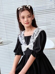 Tween Girl Casual Casual Tinh tế Ren cổ đứng Váy eo Cinched tay phồng - màu đen - Xem 4
