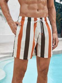 Manfinity VDAYZ 1pc Men's Vacation Striped & Printed Drawstring Wide-Leg Beach Shorts Couples Matching Swimwear Vacation,Hawaiian - Multicolor - View 4