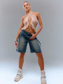 MUSERA Top met kwastjeszoom, kralen en kruis aan de voorkant, zomer Ibiza