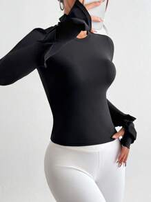SHEIN Dewbera Solid Color Long Sleeve Thumb Hole Slim Fit Sports T-Shirt With Ruffle Edge - Black - View 3