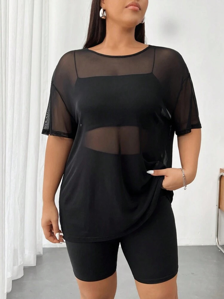 Sunspun Blusa de manga dolman con cuello redondo y transparencia de malla negra talla grande para mujer, verano - Negro - Añade 1
