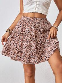 SHEIN VCAY Women's Elastic Waist Ruffle Hem Vacation Skirt With All-Over Print - Multicolor - View 1