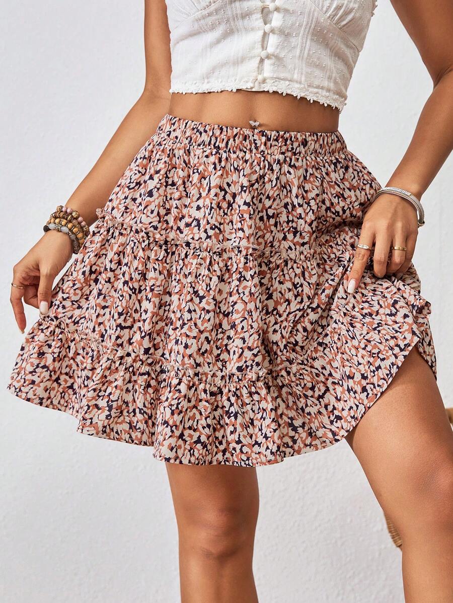 SHEIN VCAY Women's Elastic Waist Ruffle Hem Vacation Skirt With All-Over Print - Multicolor - View 1