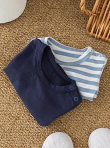 SHEIN Newborn Baby Boy/Girl Colorful Striped Round Neck Short Sleeve Pullover, Solid Color T-Shirt Set Of 2