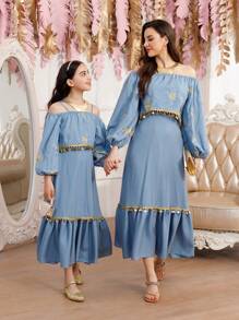 Women's Embroidery Dress Mommy And Me Matching Outfits(2 Pieces Are Sold Separately) - Blue - View 7