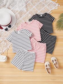SHEIN Baby Girls' Casual Knitted Striped Short Sleeve Homewear Set - Multicolor - View 3