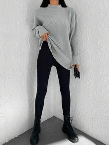 RueChic Mock Neck Drop Shoulder Sweater - Grey - View 5