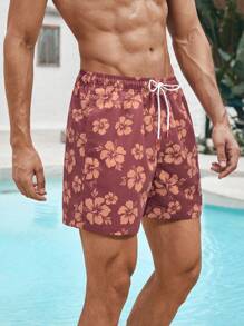 Manfinity VDAYZ Men's Beach Shorts Couples Matching Swimwear Drawstring Waist Front Tie Pocket Floral Print Beach Vacation Hawaiian
