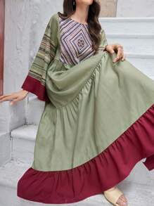 Mulvari Women's Loose Fit Geometric Print Round Neck Dress With Flared Sleeves And Ruffled Hem, Arabic Style - Olive Green - View 1